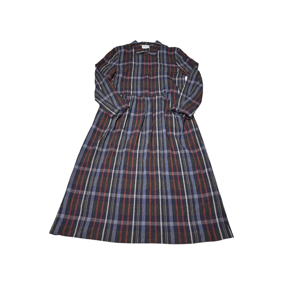 Wrap London WV77 Plaid Wool Blend Midi Dress Navy Rust Womens US 6 UK 10 Sleeve